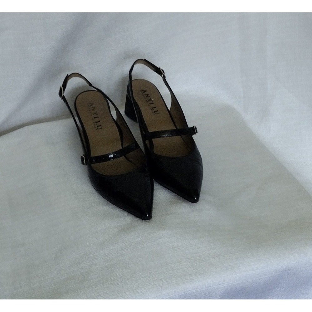 Anyi Lu Black Patent Leather Slingback Heels Pointed Toe Buckle Women US 8 EU 38